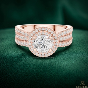 Bague de fiançailles de luxe en or rose 9K 10K 14K 18K avec halo de diamants de laboratoire taille brillant certifiés IGI – Cadeau d'anniversaire pour femme - Product Image 1