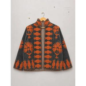 Bohemian Grey <b>Velvet</b> Embroidered Suzani <b>Jacket</b> With Orange Floral Threadwork Full Sleeve Stand Collar <b>Women's</b> Winter Outerwear - Product Image 5