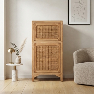Handcrafted solid wood rattan drawer cabinet standing storage dresser woven mesh door accent organizer <b>side</b> <b>table</b> furniture item - Product Image 4