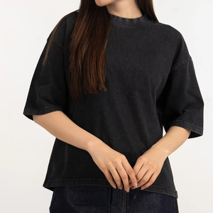T-shirt décontracté en coton pour femme, col rond, manches courtes, style streetwear, délavé, uni - Product Image 1