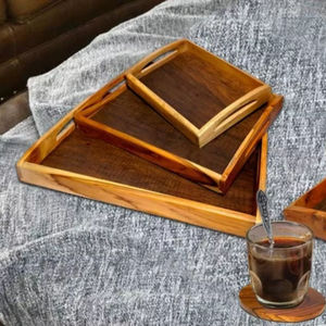 Plateau de service rectangulaire en bois massif de qualité commerciale, fait main, design moderne et décoratif, compatible lave-vaisselle, idéal pour la restauration - Product Image 1