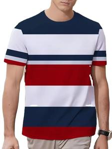 T-shirt décontracté d'été pour homme à manches courtes avec motif rayé contrastant, col imprimé, en tissu éponge 100 % coton, séchage rapide - Product Image 4