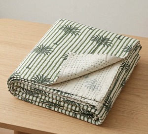 Green Palm Tree Print Cotton Kantha <b>Quilt</b>-Fluffy Organic Eco-Friendly Luxury Winter Hand-Stitched Hand Block Printed Hotel Use - Product Image 2