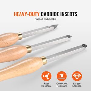 Set di 3 scalpelli per tornio da legno fai-da-te con lame in carburo a forma quadrata, rotonda e diamantata da 7,87 pollici, impugnatura comoda, utensili per tornitura del legno - Product Image 2