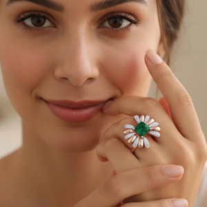 แหวนดีไซน์กลีบดอกไม้สีเขียวมรกตทรงเจ้าหญิงสุดหรูสำหรับผู้หญิงของขวัญแต่งงาน - Product Image 4