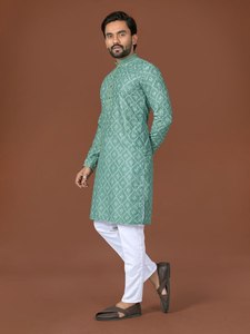 <b>Men's</b> Digital Printed Cotton <b>Kurta</b> White Chinos Regular Fit Traditional Ethnic Wear for Casual/Party Occasions India Quick Dry - Product Image 2