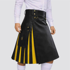 Kilt Híbrido de Cuero Vacuno Negro y Amarillo para Hombre, Kilt Utilitario con Pliegues Cuadrados y Bolsillos Tipo Cargo - Product Image 5