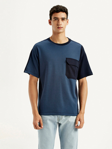 Camiseta de Algodón Azul Sólido para Hombre, Manga Corta, Cuello Redondo, Estilo Casual, Bloques de Color en Contraste, Corte Regular, Tejido de Punto - Product Image 1