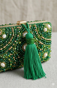 Green Fabric Tassel Decor With Beaded Detail Bohemian Style Hanging Ornament For Indoor Living Room Use - Product Image 6