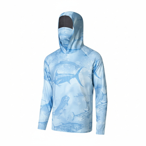 <b>Men's</b> Gray Fish Print Long Sleeve Hooded Fishing Shirt with <b>Face</b> <b>Mask</b> Anti-UV Pullover - Product Image 2