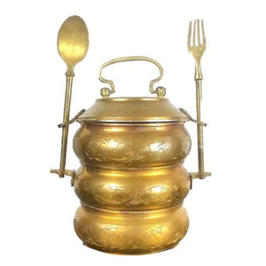 Engraved brass 3-tier tiffin, ornate patterns <b>with</b> unique matching side spoon and fork set. Available at wholesale price. - Product Image 1