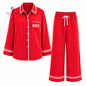Delta| Sigma |Theta Women's Striped Pajama Set Button Front Long Sleeve Sleepwear Contrast Trim Lounge <b>PJs</b> With Drawstring Pants - Product Image 1