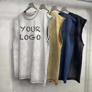 Chaleco sin mangas retro de moda urbana con estampado al por mayor, camiseta sin mangas para hombre con lavado ácido y efecto desgastado, camiseta sin mangas de color liso. - Product Image 1