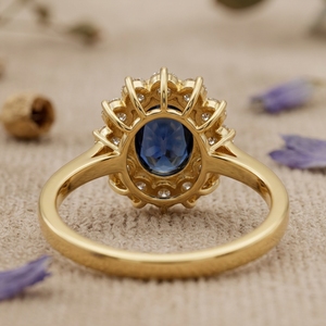 14K 18K <b>Gold</b> Oval Blue Sapphire Halo Diamond <b>Ring</b> Vintage Engagement <b>Ring</b> Luxury Fine Jewelry - Product Image 3
