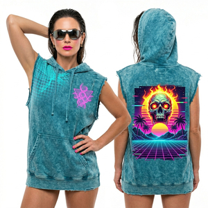 Chaleco sin mangas personalizado con capucha, gris, con lavado ácido, efecto desgastado, estampado gráfico de pared de zombis, borde sin rematar, estilo streetwear, fabricante - Product Image 3