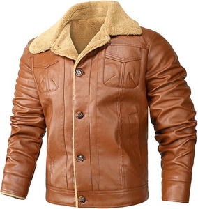 Veste en cuir véritable pour homme avec doublure en fausse fourrure, col rabattable, coupe-vent, style motard, manteau d'hiver, coupe classique - Product Image 4