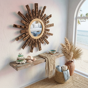 100% Reclaime Driftwood Sunburst Wall <b>Mirror</b> Round Wooden Decorative Coastal Boho <b>Hanging</b> <b>Mirrors</b> For Living Room Hotel Home - Product Image 1