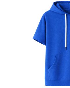 Haut à capuche bleu à manches courtes pour homme, pull décontracté, t-shirt léger d'été, streetwear, en mélange de coton avec poche kangourou - Product Image 4