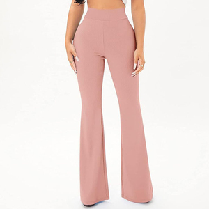 <b>Women's</b> High Waist Flare Pants Knitted Solid Color Full Length Casual Autumn <b>Trousers</b> Breathable Elastic Waist - Product Image 1