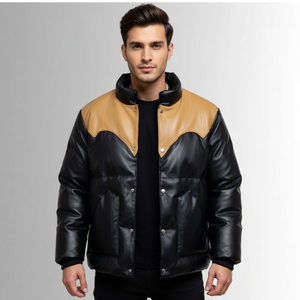 Men Two Tone Puffer <b>Jacket</b> Black Tan Zip Up Stand <b>Collar</b> Padded Winter Outerwear Casual Fashion <b>Jacket</b> - Product Image 1