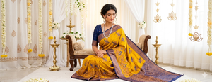 Sari de seda amarillo para mujer con estampado de pavo real azul y blusa, ropa tradicional india para bodas - Product Image 3