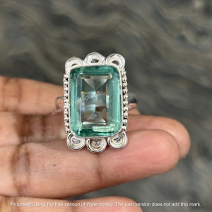 Rectangular Bohemia Silver Plated Natural Aquamarine Emerald Cut Gemstone <b>Rings</b> for Wedding Engagement Party <b>Statement</b> Wholesale - Product Image 3