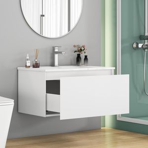 Mobile Bagno Sospeso da 32 Pollici con 1 Ampio Cassetto, Sistema Soft-Close, Lavabo in Ceramica, Design Senza Maniglie, Finitura in Legno Massello Verniciato - Product Image 3
