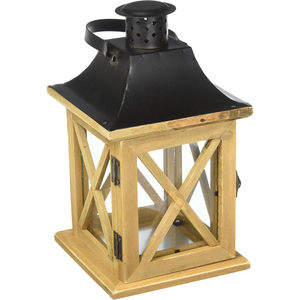 Lanterne décorative vintage en bois naturel de style ferme avec cadre en X, dessus et poignée en métal noir pour la maison et le jardin (vente en gros) - Product Image 2