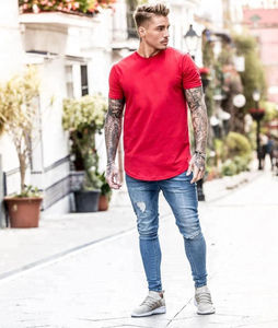 Camiseta de Verano Casual para Hombre, Cuello Redondo, Manga Corta, Algodón, Diseño de Bloques de Color Rojo y Azul Marino con Franja Horizontal en el Pecho, Personalizable - Product Image 6