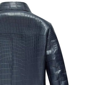 Chaqueta de Cuero Azul Oscuro para Hombre, con Estampado de Cocodrilo, Cuello Camisero, Cierre de Cremallera, Corte Ajustado Informal, para Otoño - Product Image 2