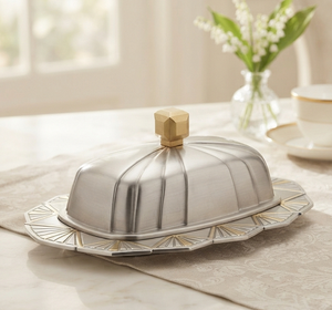 Beurrier en acier inoxydable avec couvercle, design vintage, métal poli, motif incrusté d'or, vaisselle de cuisine pour les fêtes - Product Image 1