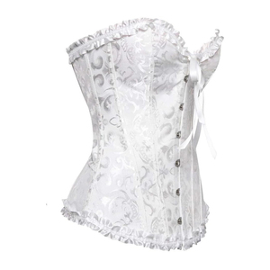 Corsé de satén brocado blanco estilo gótico para mujer con volantes, ojales metálicos, cordones y control medio transpirable - Product Image 3