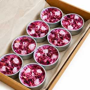 Juego de 8 Velas Aromáticas de Cera de Soya con Cristales y Pétalos de Rosa, Hechas a Mano, en Frascos Metálicos, Decorativas, para Aromaterapia y Decoración del Hogar - Product Image 1