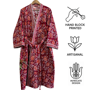 Albornoz de algodón gofrado rojo con estampado floral hecho a mano, ecológico, de secado rápido, para mujer, kimono largo de lujo para el hogar y viajes - Product Image 3