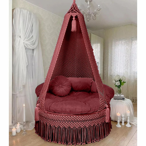 Hamac suspendu en macramé marron 72"X44" avec coussin en velours, pompons et corde pour intérieur, extérieur, jardin, chambre - Product Image 1