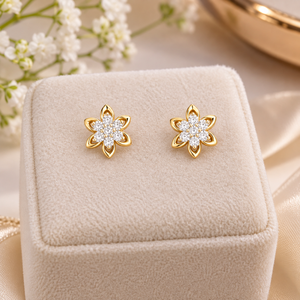 Boucles d'oreilles en or jaune 14 carats avec zircon, forme de fleur, luxe pour femmes, cadeau pour mariage ou fête - Product Image 6