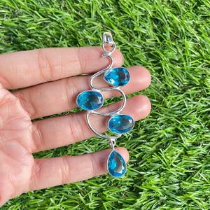 Blue Topaz 925 Sterling <b>Silver</b> Gold Plated Vintage Handmade Pendant Necklace Natural Gemstone Jewelry Gift for Women - Product Image 5