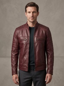 Mens Burgundy Genuine Lambskin Leather Biker <b>Jacket</b> Slim Fit Wine <b>Red</b> <b>Jacket</b> with Zipper Pockets - Product Image 2