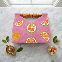 Tas Rajut Pink dengan Bordir Citrus, Gagang Bambu, Gaya Bohemian, Tas Pantai Musim Panas