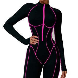 Black Full Length Bodysuit With Green Stitching Turtleneck High Waist Cut-Out Back Zipper Closure Seamless Spandex Polyester - Product Image 2