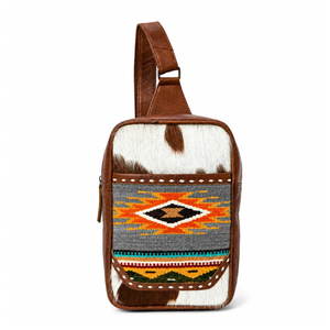 Sac bandoulière en cuir de vachette avec tissu tissé aztèque, sac bandoulière western, sangle réglable, fait main, pour voyage et usage quotidien - Product Image 1