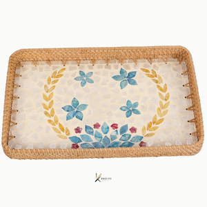 Bandeja de Servir Rectangular de Madera con Incrustaciones de Madreperla y Mimbre, Diseño Elegante, Personalizable OEM/ODM, Decoración Duradera para el Hogar, Regalo de Inauguración - Product Image 1