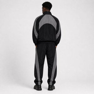 Survêtement unisexe en nylon avec empiècements, noir et gris, coupe-vent sportif à manches longues avec fermeture éclair et poches latérales, idéal pour l'été - Product Image 2