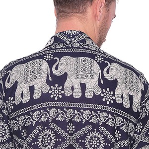 Chemise décontractée à manches courtes pour homme, bleu marine, imprimé éléphant, popeline respirante, col rabattu, style été - Product Image 5