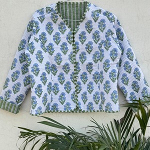 Blazer à imprimé floral pour femmes, col en V, manches trois quarts, veste en coton tissé, vêtements d'extérieur - Product Image 6