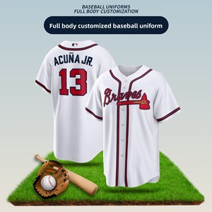 Camiseta de Béisbol de los Braves, Acuña Jr. 13, Blanca, Bordada, con Botones al Frente, Corte Regular para Hombre, Manga Corta - Product Image 5