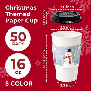Confezione da 50 Bicchieri di Carta Natalizi da 16 oz con Coperchi e Manicotti, Antigoccia, Resistenti e Durevoli - Product Image 2