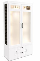 Temple moderne en bois massif blanc avec portes et motif Om pour mobilier de maison, taille personnalisable et rangement durable