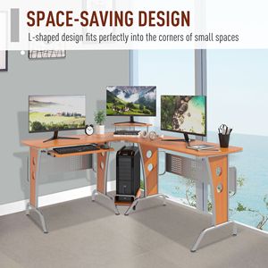 Escritorio de Computadora Esquinero Moderno con Estante Elevado y Bandeja para Teclado con Ruedas, Color Madera, Soporte para CPU, Escritorio en Forma de L para Juegos - Product Image 4