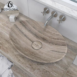 อ่างล้างหน้าทรงรี RICO GLOBAL Oval Travertine แบบวางบนเคาน์เตอร์ ทำจากหินธรรมชาติขัดเงา สไตล์มินิมอลสำหรับห้องน้ำ - Product Image 5
